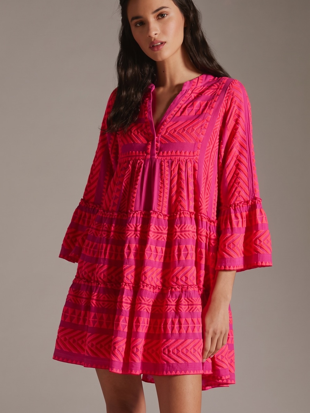 Devotion Twins Ella Dress Geometric Embroidered Pink Red Mini Sz XS TIERED FULL